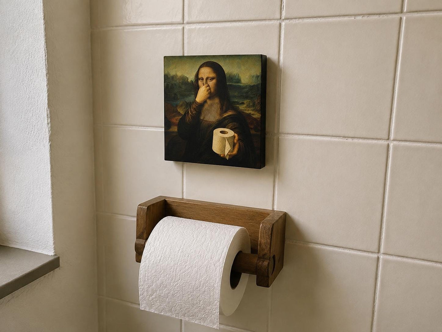 Lustiges Toilettenpapier Mona Lisa: Humorvolles Badezimmer Bild l kleines Bild zum Aufstellen oder Hinhängen 10x10 cm Holzbild