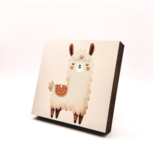 Lama-Bild fürs Kinderzimmer aus Holz | Süße Babyzimmer-Deko | Geschenk zur Geburt | Mini Art Print 10 × 10 cm