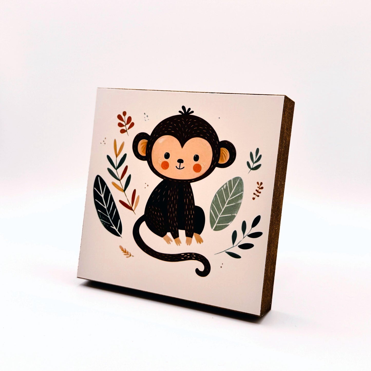 Affe-Bild fürs Kinderzimmer aus Holz | Süße Babyzimmer-Deko | Geschenk zur Geburt | Mini Art Print 10 × 10 cm