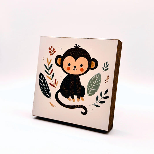 Affe-Bild fürs Kinderzimmer aus Holz | Süße Babyzimmer-Deko | Geschenk zur Geburt | Mini Art Print 10 × 10 cm
