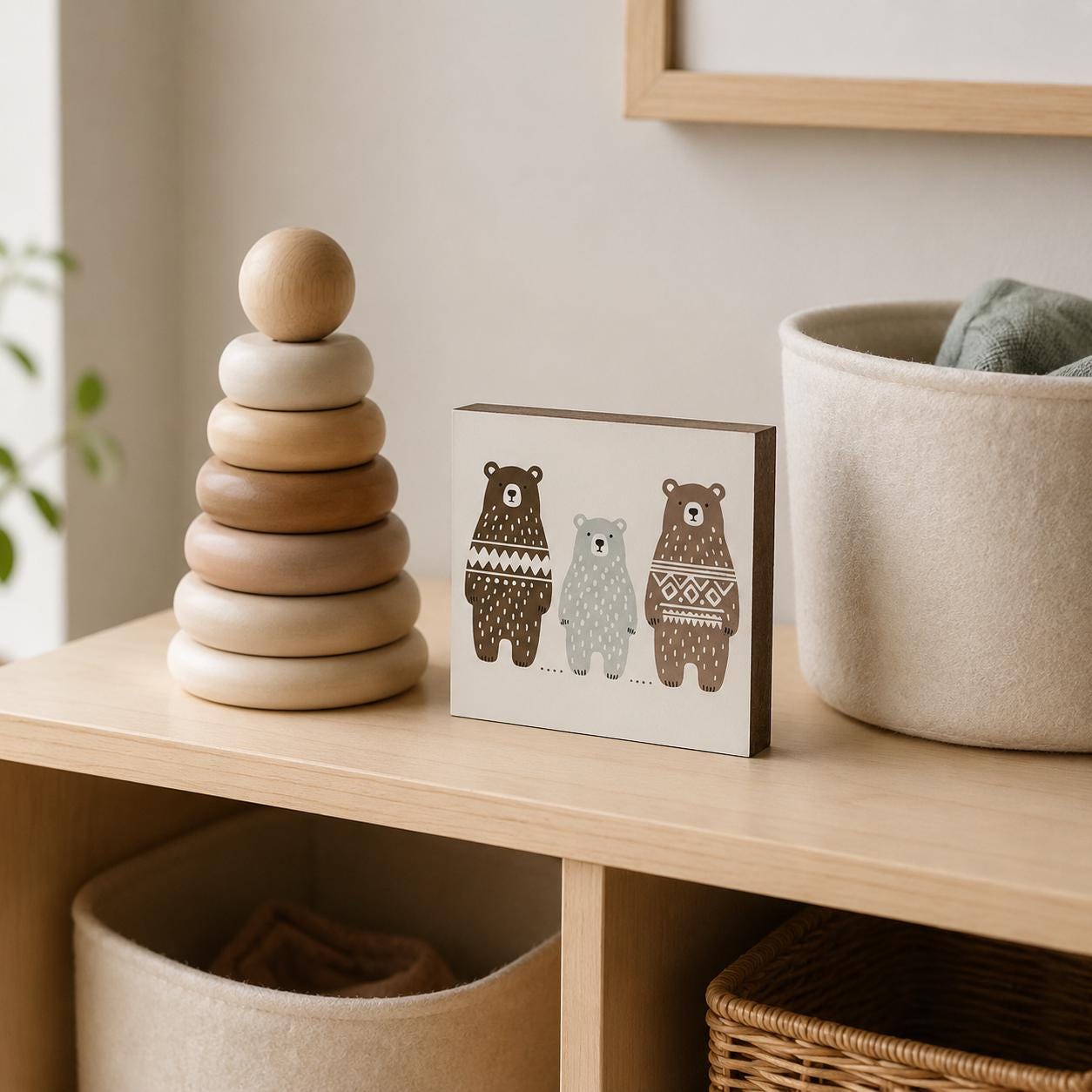Bärenfamilie-Bild fürs Kinderzimmer aus Holz | Süße Babyzimmer-Deko | Geschenk zur Geburt | Mini Art Print 10 × 10 cm
