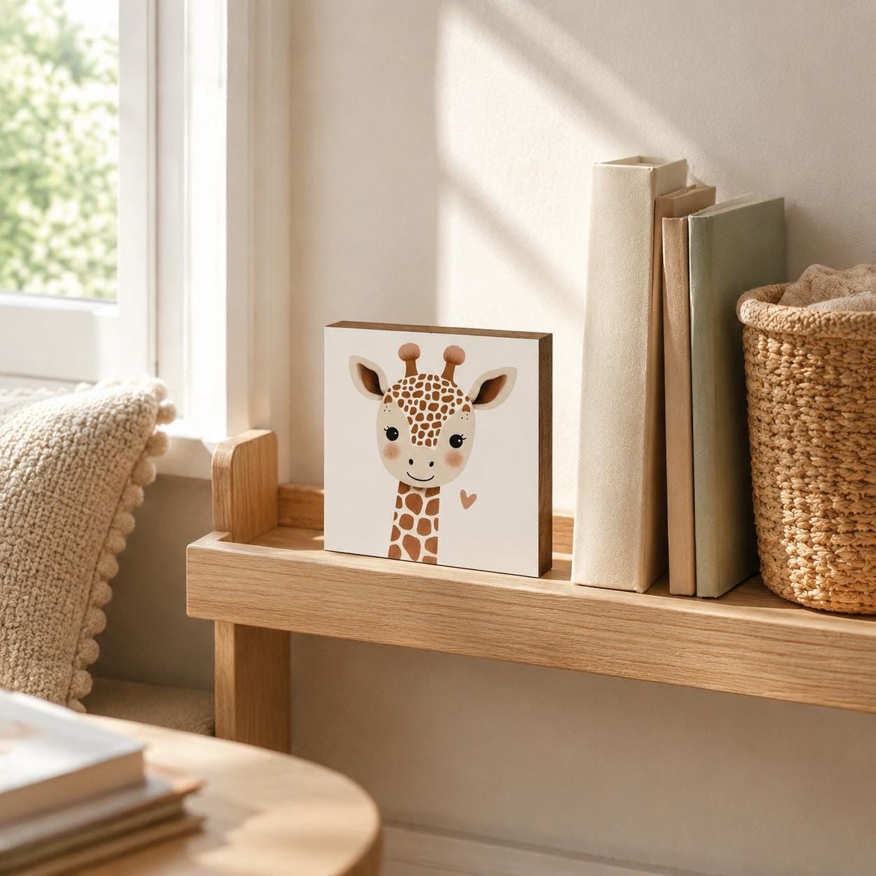 Giraffe-Bild fürs Kinderzimmer aus Holz | Süße Babyzimmer-Deko | Geschenk zur Geburt | Mini Art Print 10 × 10 cm