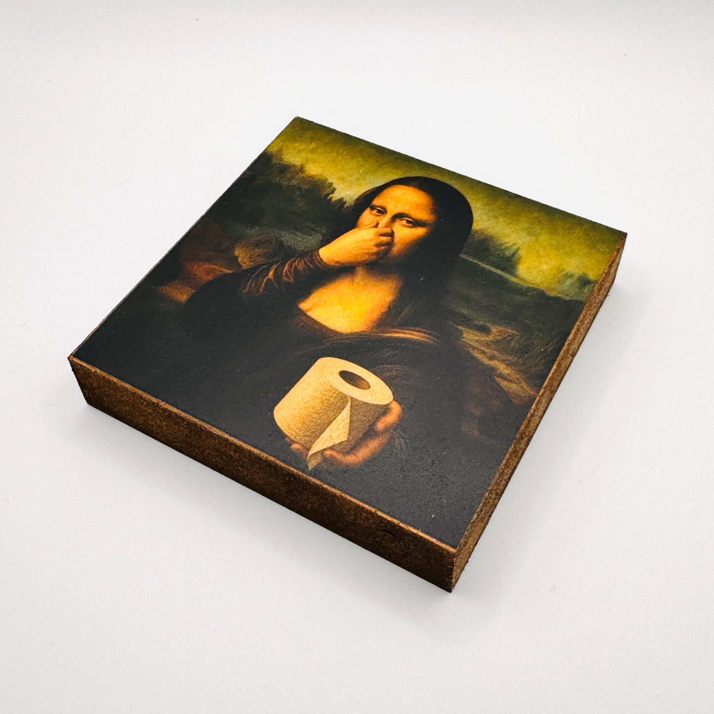 Lustiges Toilettenpapier Mona Lisa: Humorvolles Badezimmer Bild l kleines Bild zum Aufstellen oder Hinhängen 10x10 cm Holzbild