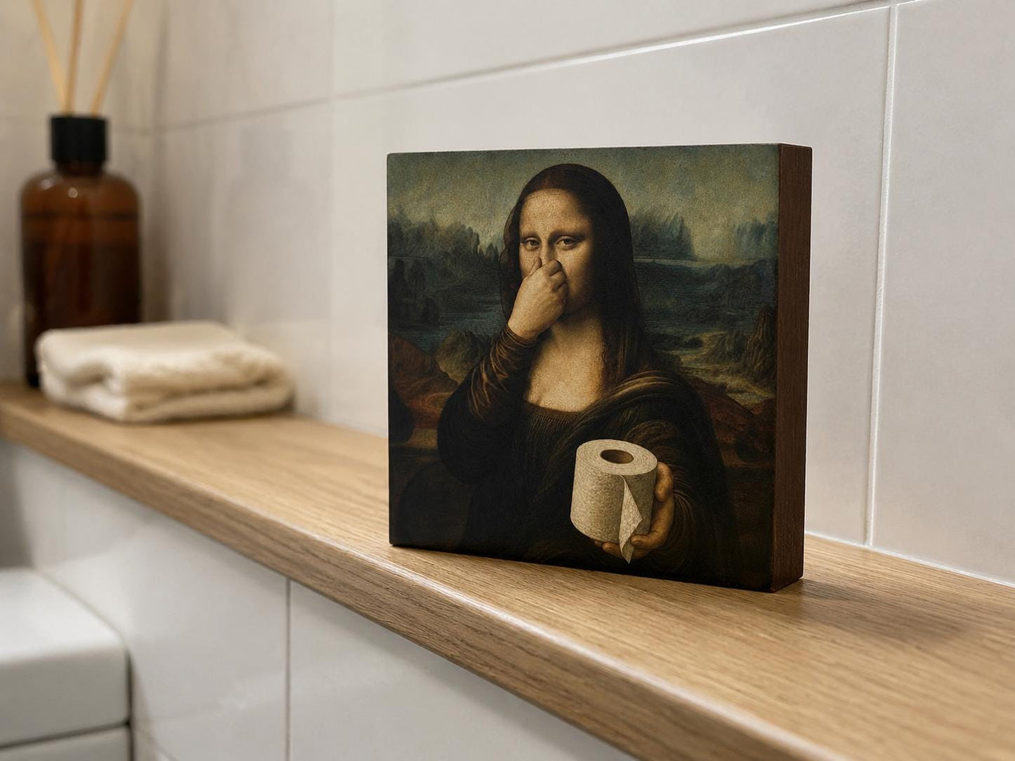 Lustiges Toilettenpapier Mona Lisa: Humorvolles Badezimmer Bild l kleines Bild zum Aufstellen oder Hinhängen 10x10 cm Holzbild