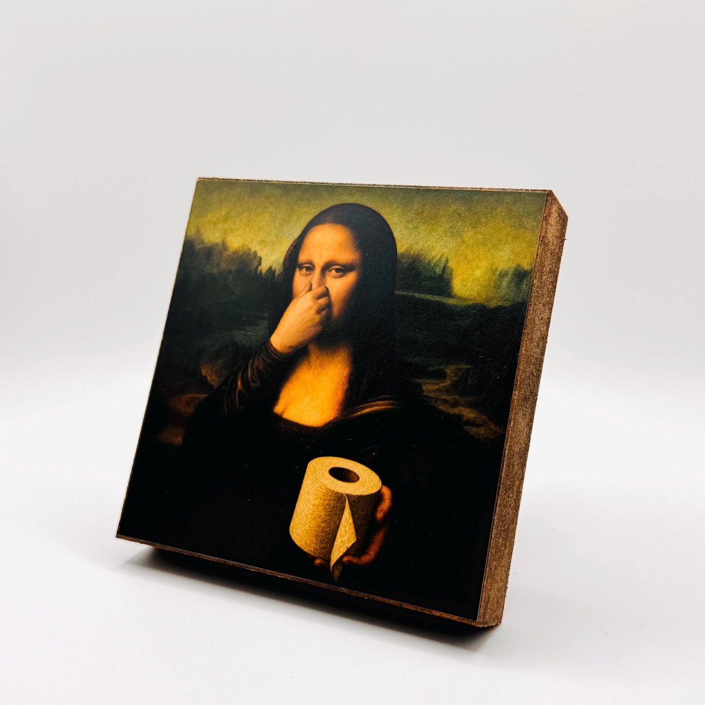 Lustiges Toilettenpapier Mona Lisa: Humorvolles Badezimmer Bild l kleines Bild zum Aufstellen oder Hinhängen 10x10 cm Holzbild