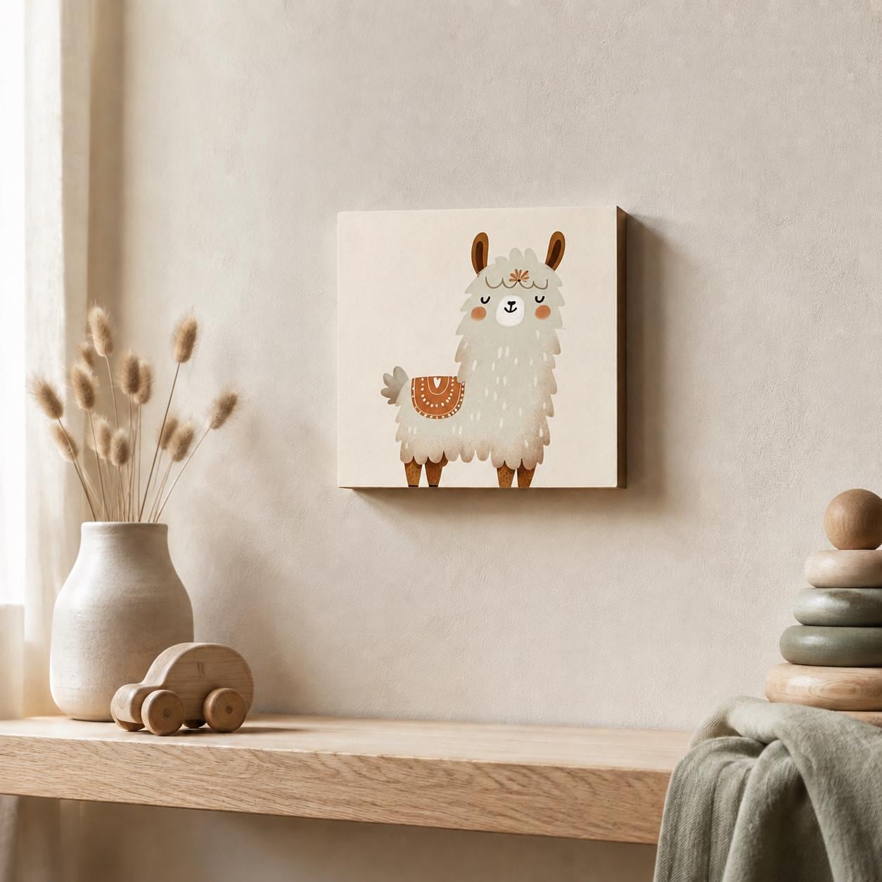 Lama-Bild fürs Kinderzimmer aus Holz | Süße Babyzimmer-Deko | Geschenk zur Geburt | Mini Art Print 10 × 10 cm