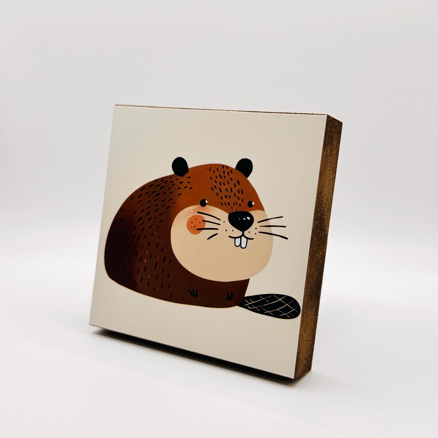 Biber-Bild fürs Kinderzimmer aus Holz | Süße Babyzimmer-Deko | Geschenk zur Geburt | Mini Art Print 10 × 10 cm
