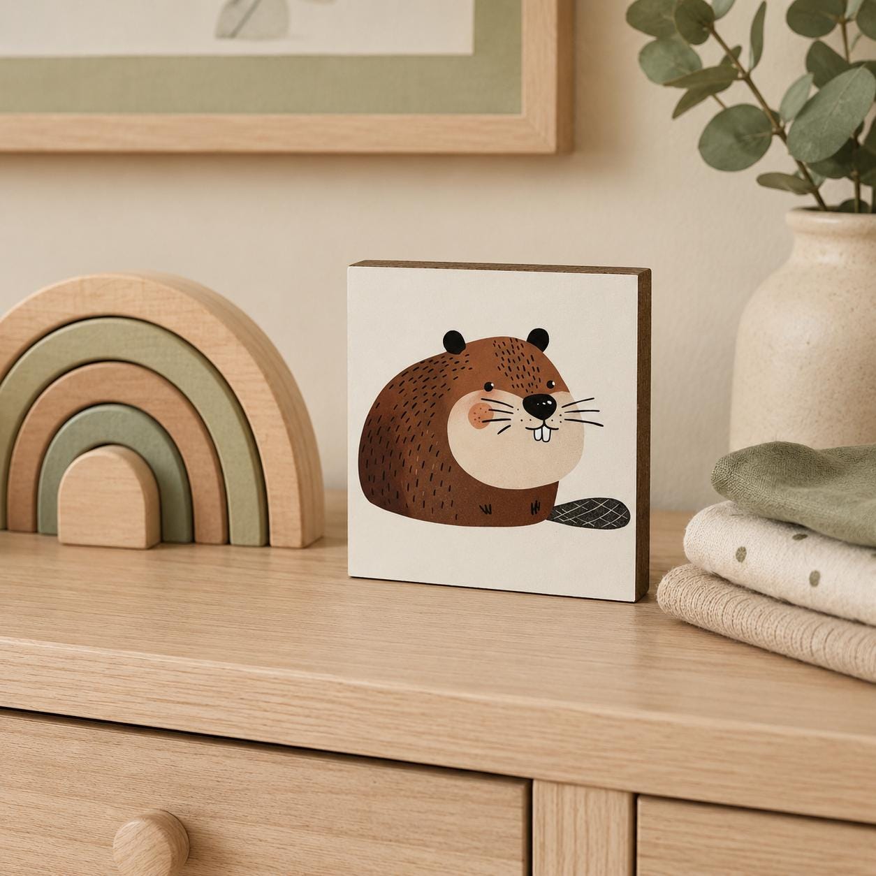 Biber-Bild fürs Kinderzimmer aus Holz | Süße Babyzimmer-Deko | Geschenk zur Geburt | Mini Art Print 10 × 10 cm