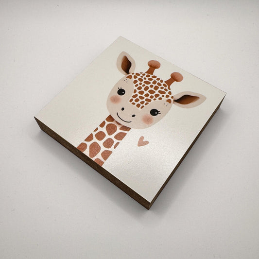 Giraffe-Bild fürs Kinderzimmer aus Holz | Süße Babyzimmer-Deko | Geschenk zur Geburt | Mini Art Print 10 × 10 cm