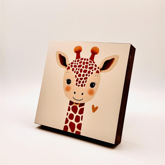 Giraffe-Bild fürs Kinderzimmer aus Holz | Süße Babyzimmer-Deko | Geschenk zur Geburt | Mini Art Print 10 × 10 cm