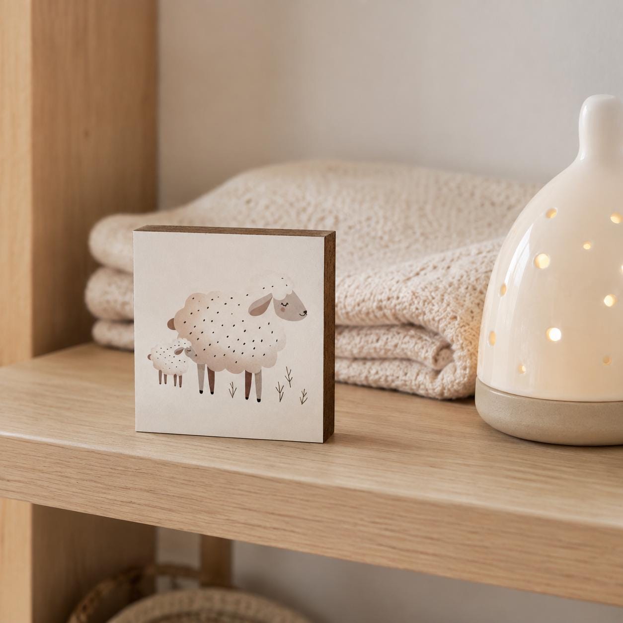Schaf-Bild fürs Kinderzimmer aus Holz | Süße Babyzimmer-Deko | Geschenk zur Geburt | Mini Art Print 10 × 10 cm