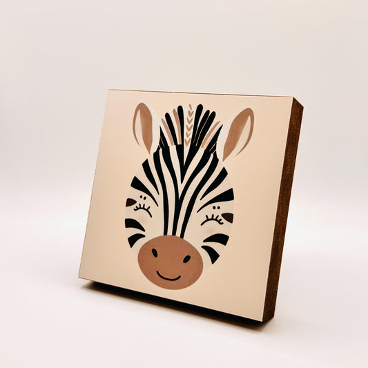 Zebra-Bild fürs Kinderzimmer aus Holz | Süße Babyzimmer-Deko | Geschenk zur Geburt | Mini Art Print 10 × 10 cm