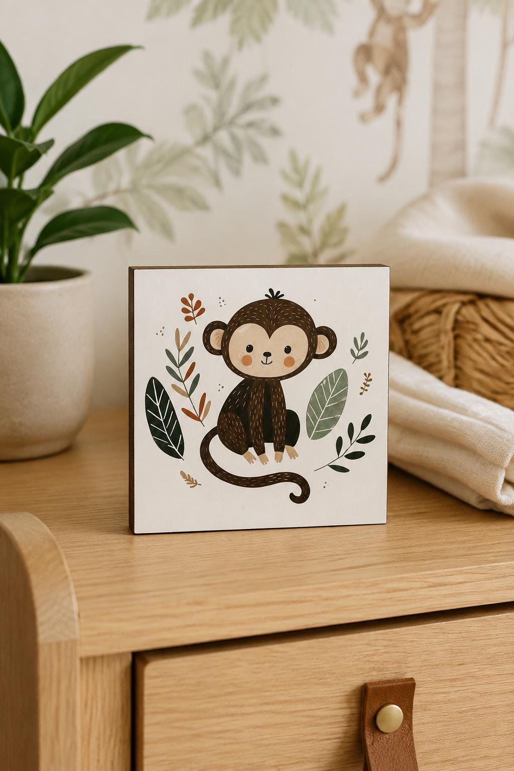 Affe-Bild fürs Kinderzimmer aus Holz | Süße Babyzimmer-Deko | Geschenk zur Geburt | Mini Art Print 10 × 10 cm